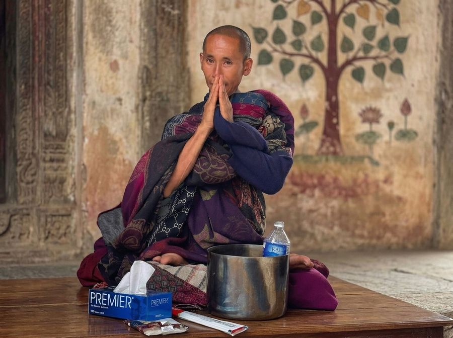 Thay Minh Tue in prayer before an ancient Bodhi tree mural