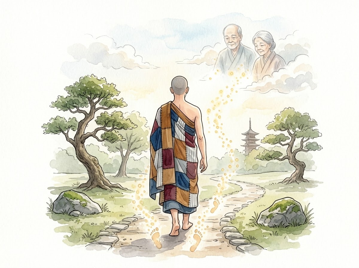Hành giả bộ hành hồi hướng công đức cho cha mẹ – ánh sáng từ mỗi bước chân bay về phía song thân