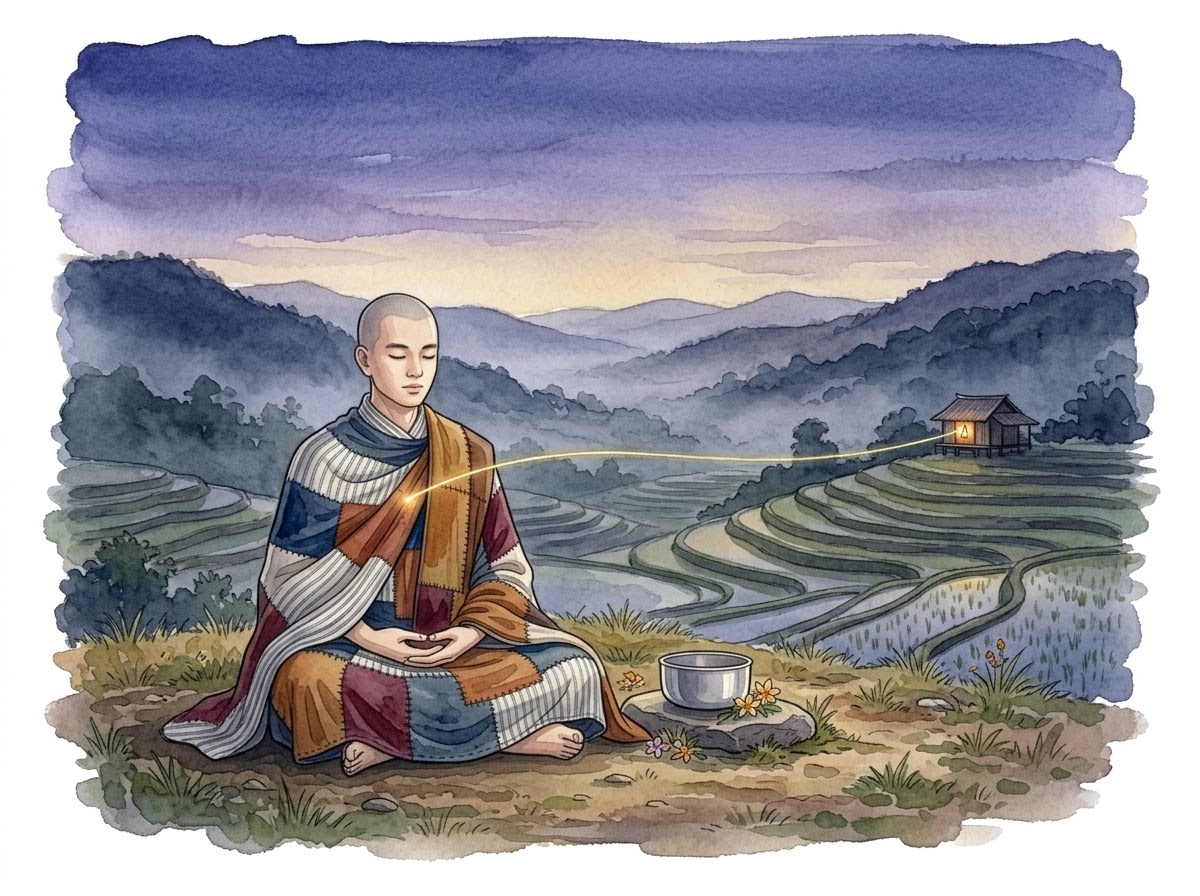 Hành giả ngồi thiền trên đồi – sợi chỉ vàng nối tâm về ngôi nhà nhỏ xa xa