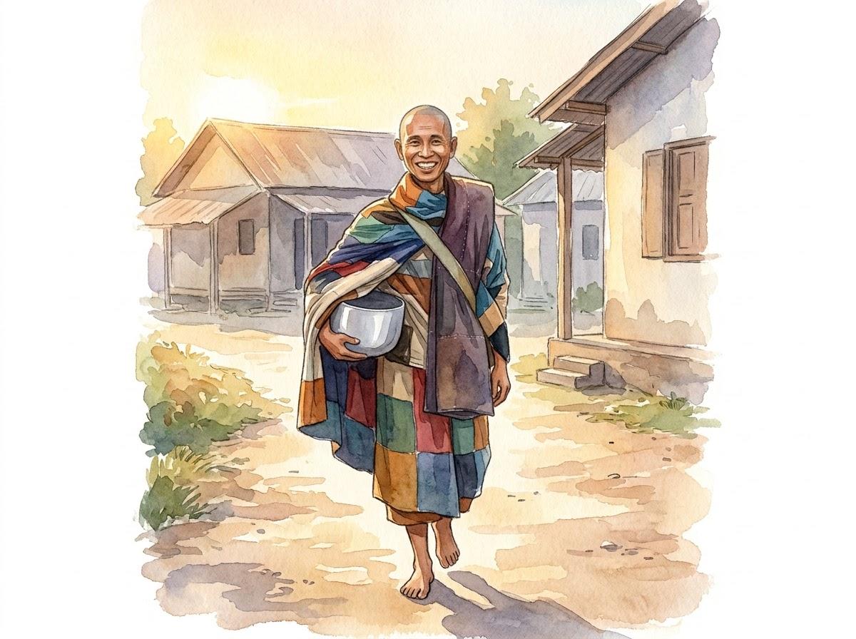The 13 Dhutanga Practices – a practitioner on alms-round with bowl in hand, walking lightly