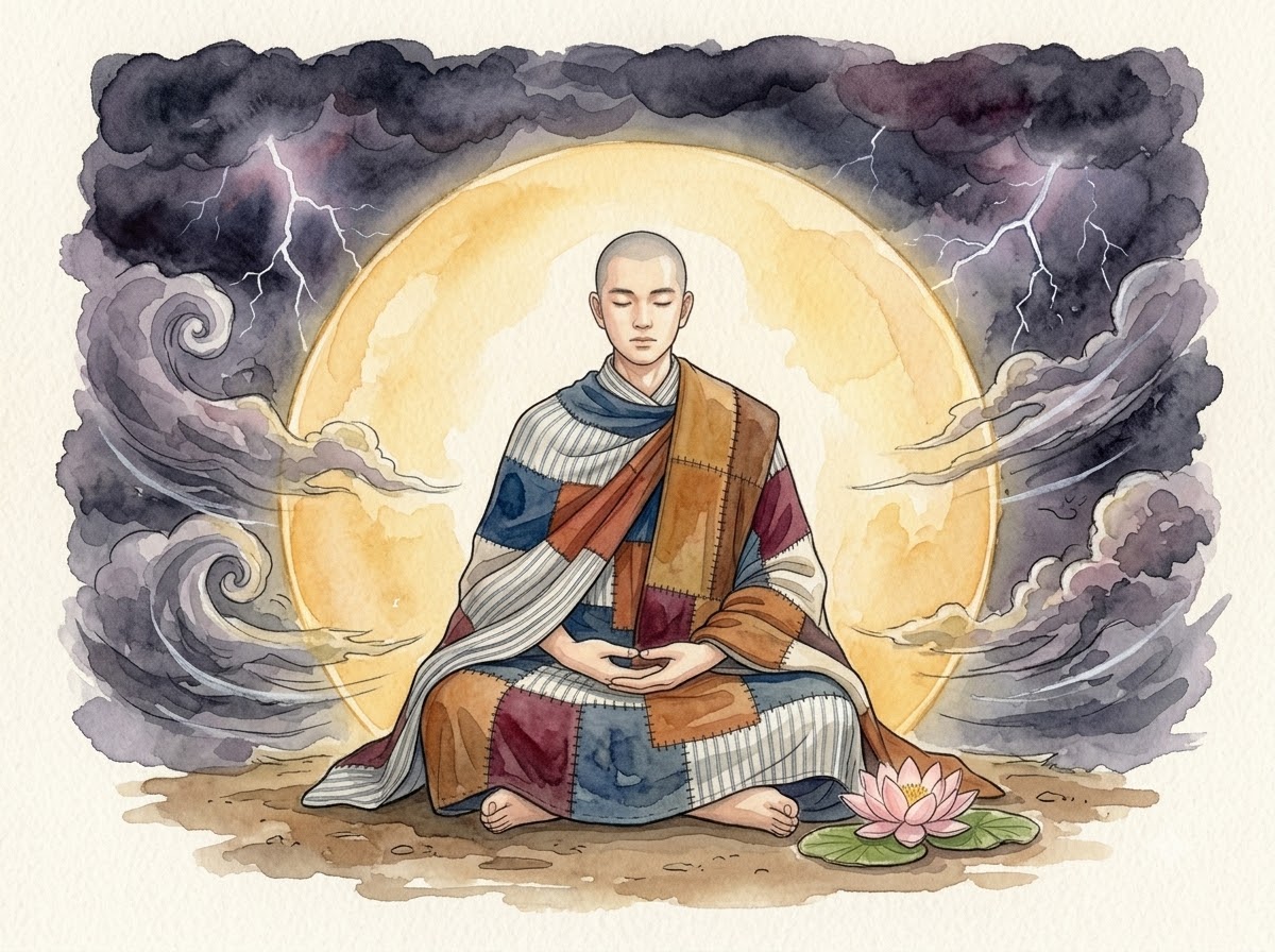 Hành giả thiền định giữa bão tố – vòng tròn ánh sáng vàng bảo vệ tâm bình an, hoa sen nở bên cạnh
