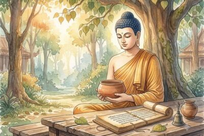 kinh thừa tự pháp đức Phật đang ngồi bên cuốn kinh