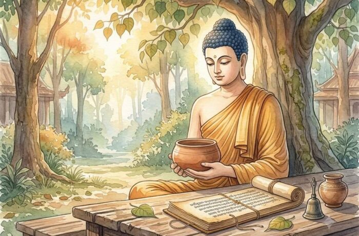 kinh thừa tự pháp đức Phật đang ngồi bên cuốn kinh