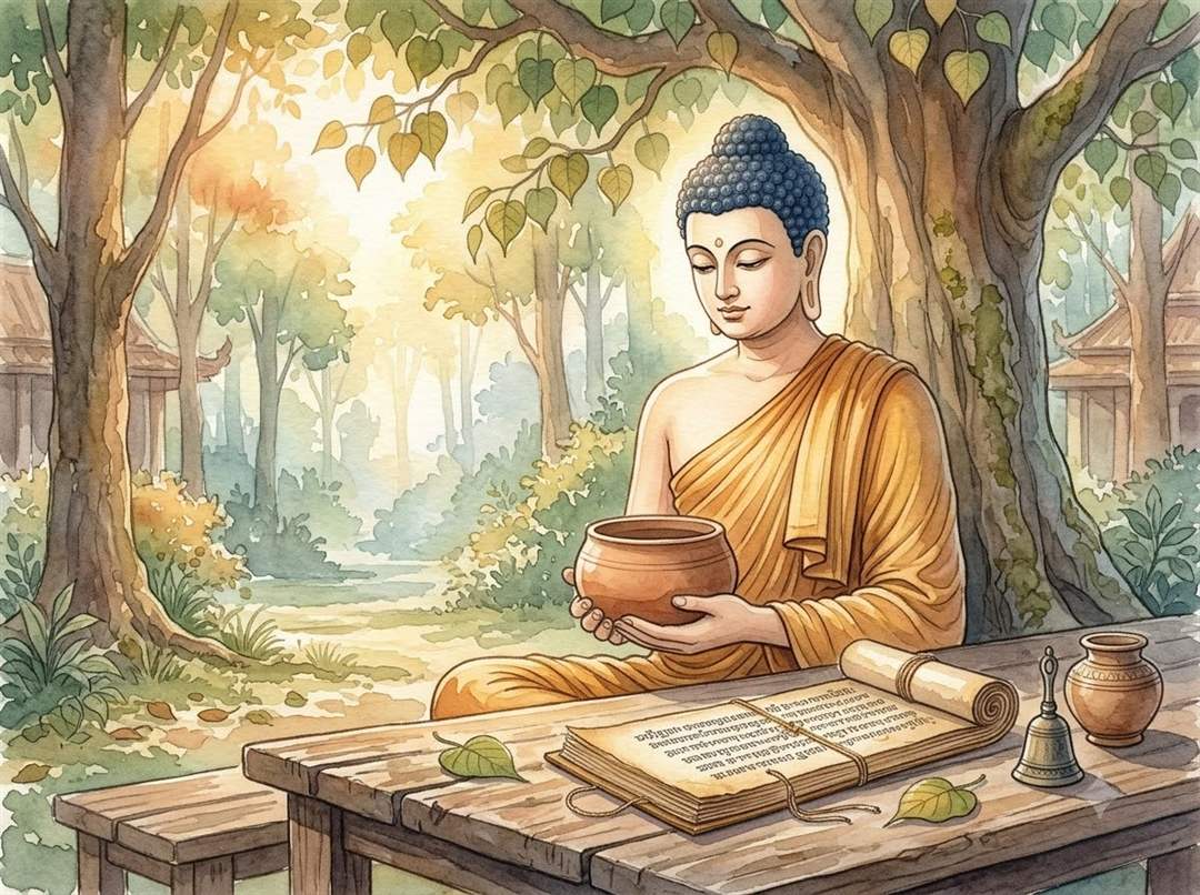 kinh thừa tự pháp đức Phật đang ngồi bên cuốn kinh