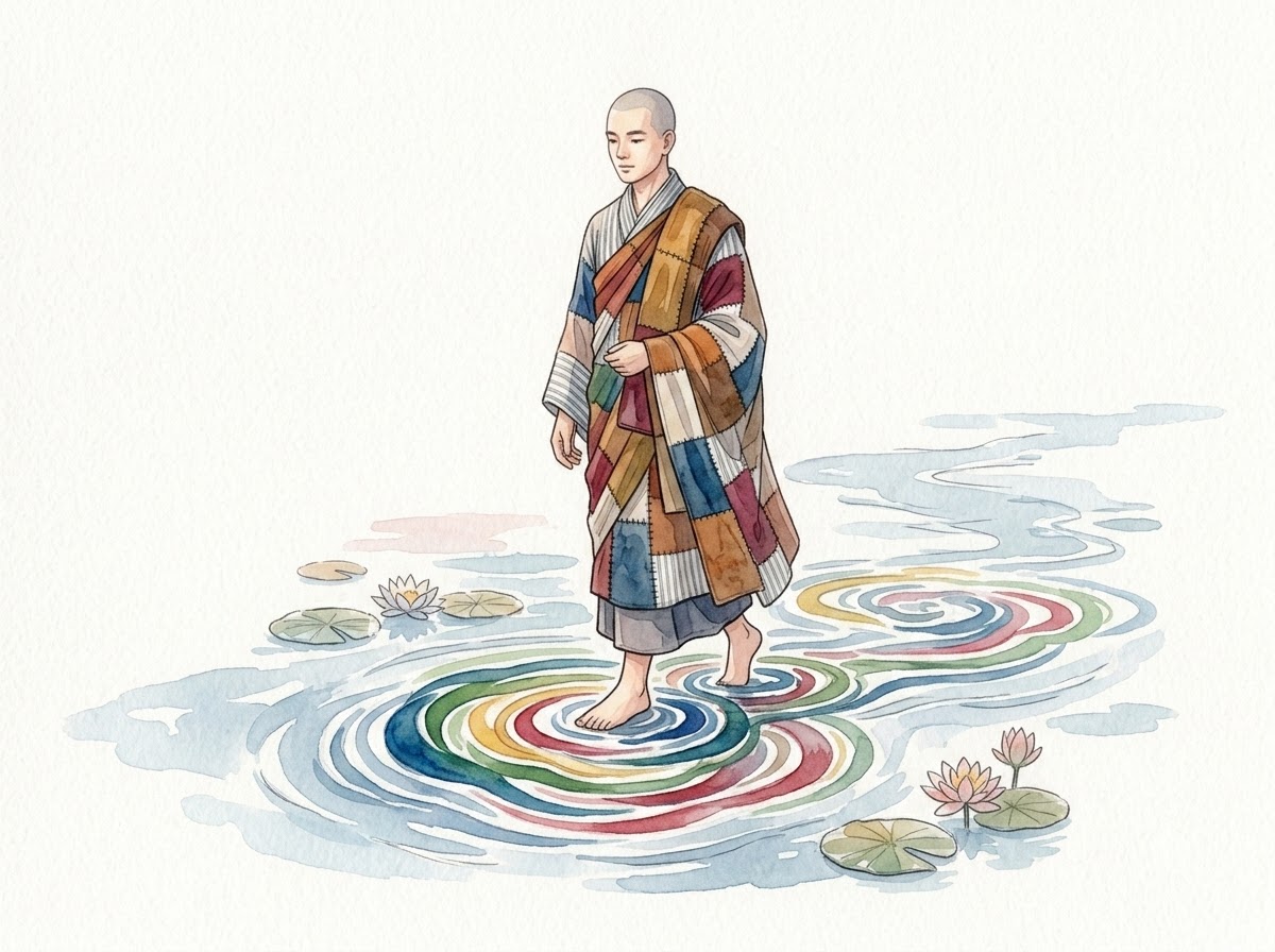 Five Aggregates – a practitioner walking on water, each step creating ripples of five colors
