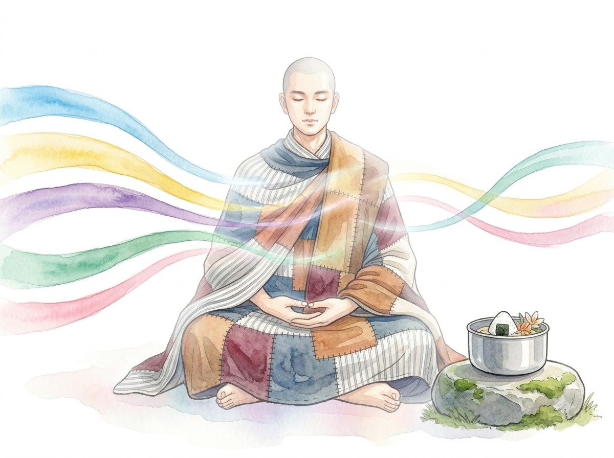 Five Aggregates – a practitioner sitting peacefully as five streams of light flow through without staying
