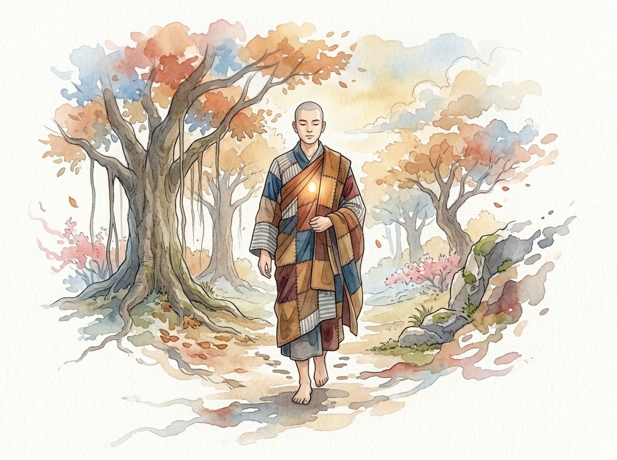 Tam Pháp Ấn – hành giả bước qua cảnh vật đang tan biến, ánh sáng nhỏ trong ngực