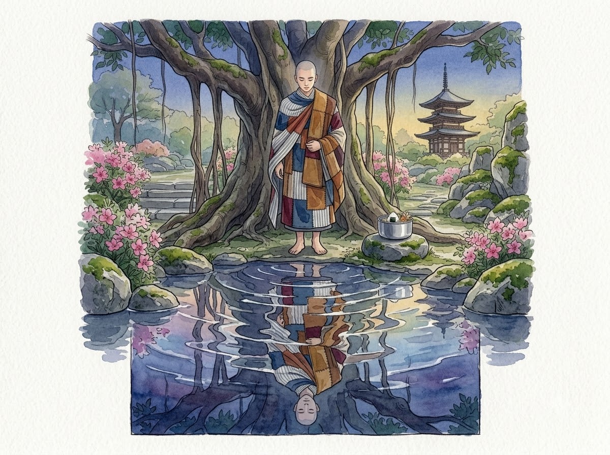 Tam Pháp Ấn – hành giả đứng trước mặt hồ, bóng phản chiếu tan thành gợn nước
