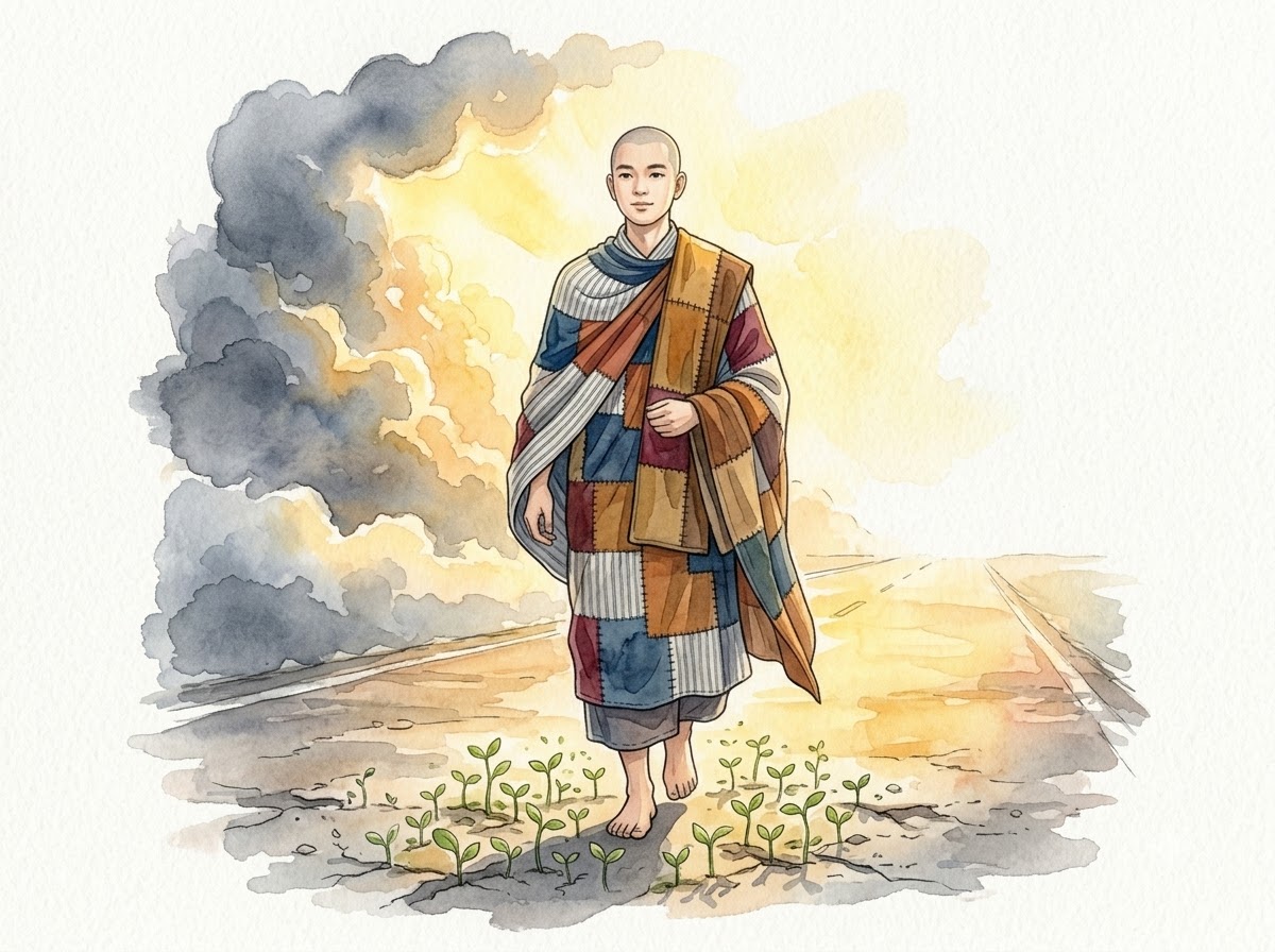 Four Right Efforts – green sprouts growing on the path as the practitioner walks forward