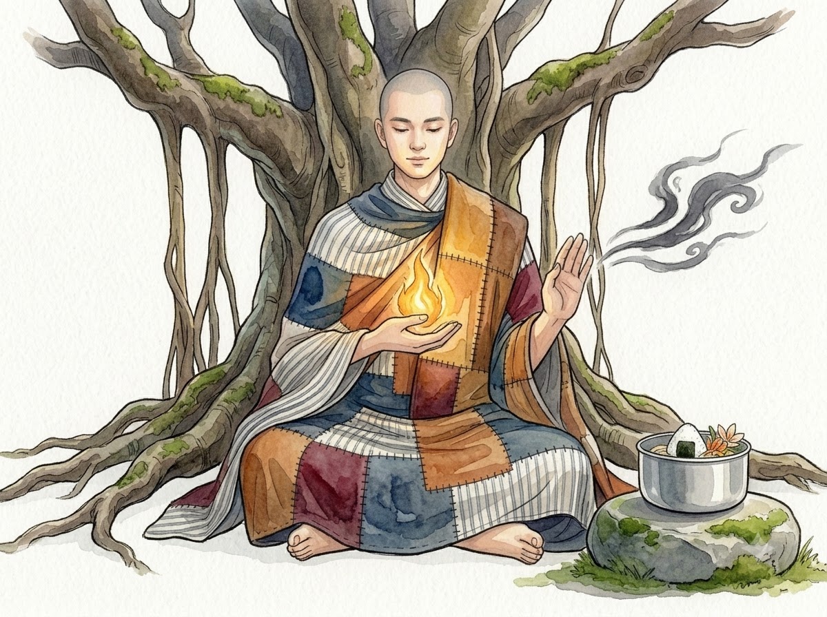 Four Right Efforts – practitioner meditating, protecting a golden flame from the wind