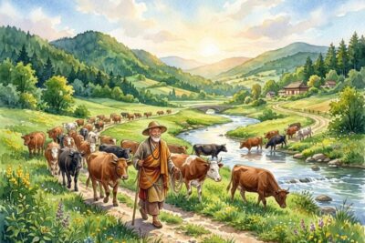 đại kinh rừng sừng bò người nông dân đang chăn đàn bò