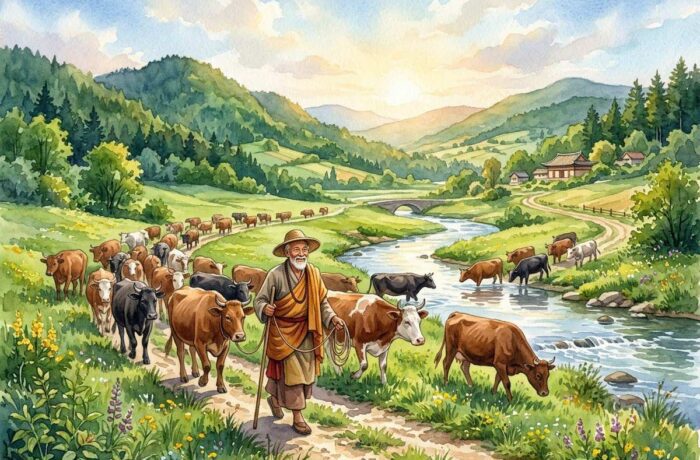 đại kinh rừng sừng bò người nông dân đang chăn đàn bò