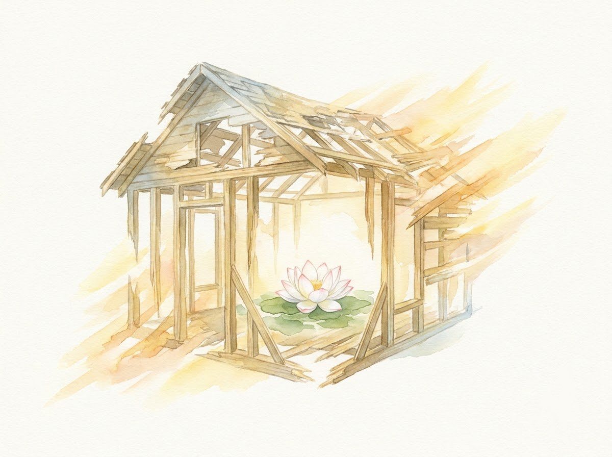 "Hỡi kẻ làm nhà kia, ngươi không thể làm nhà được nữa! Kèo cột đã gãy tan, tâm ta đạt Vô vi".